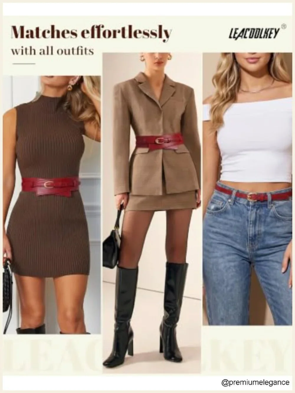 Women's 2-in-1 Wide Faux Leather Waist Belt with Gold Buckle, Detachable Skinny